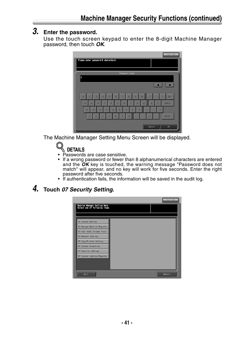 Machine manager security functions (continued) | Konica Minolta BIZHUB PRO 1050 User Manual | Page 49 / 64