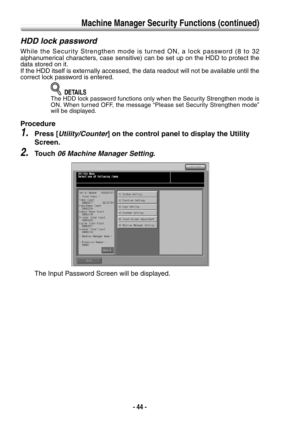Hdd lock password, Machine manager security functions (continued) | Konica Minolta BIZHUB PRO 1050 User Manual | Page 52 / 64
