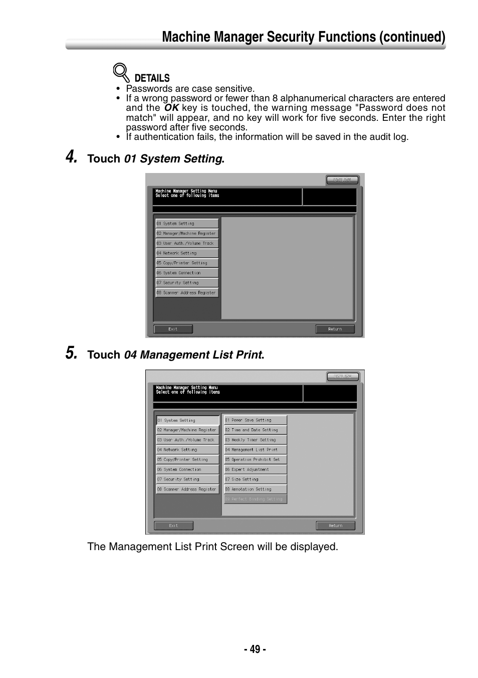 Machine manager security functions (continued) | Konica Minolta BIZHUB PRO 1050 User Manual | Page 57 / 64