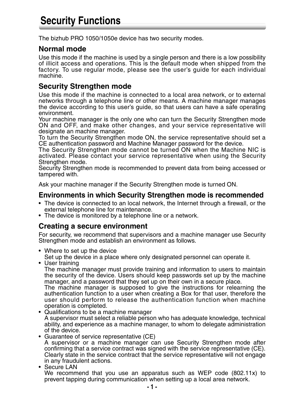 Security functions | Konica Minolta BIZHUB PRO 1050 User Manual | Page 9 / 64