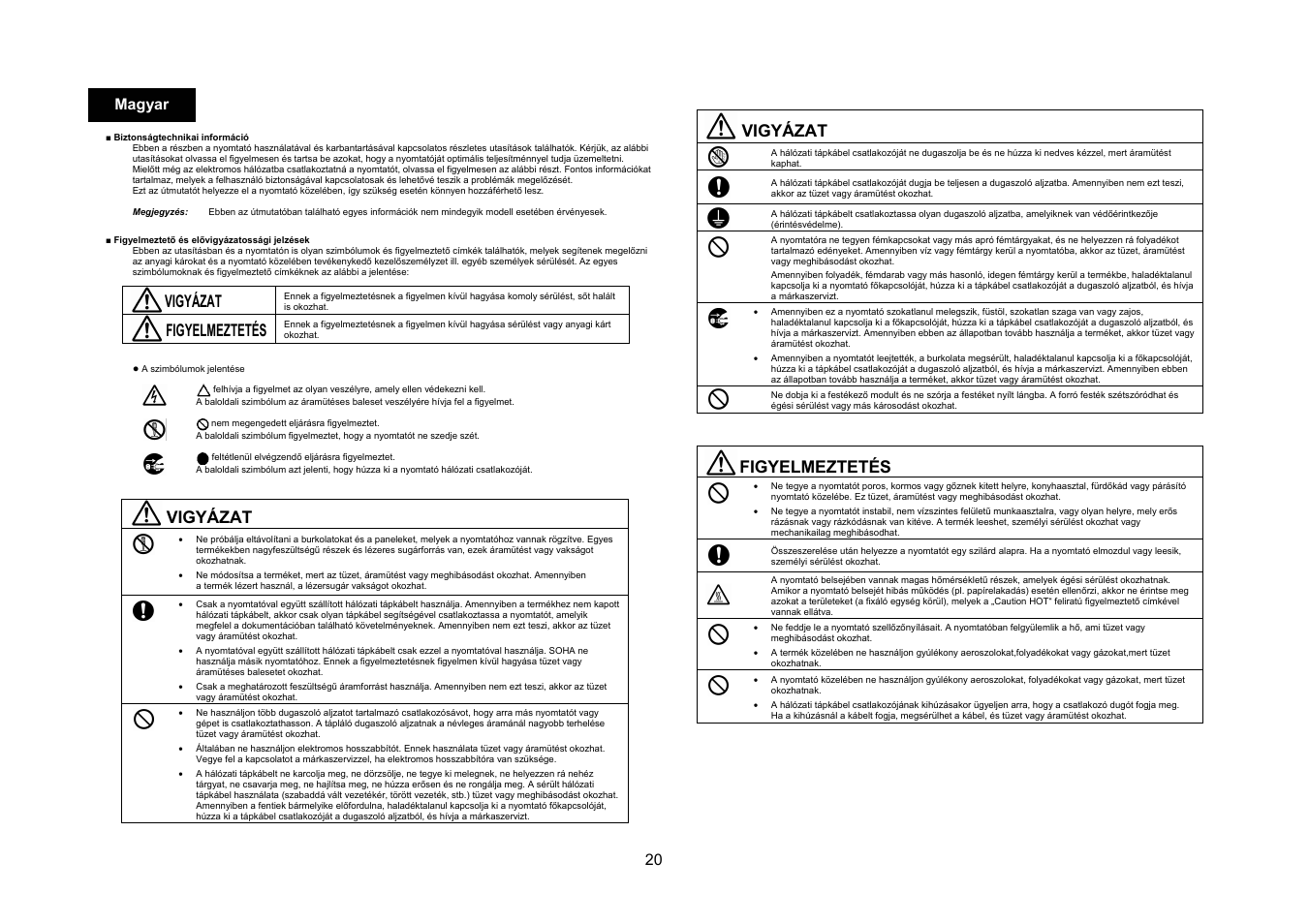 Vigyázat, Figyelmeztetés, 20 magyar | Konica Minolta bizhub C10X User Manual | Page 19 / 47