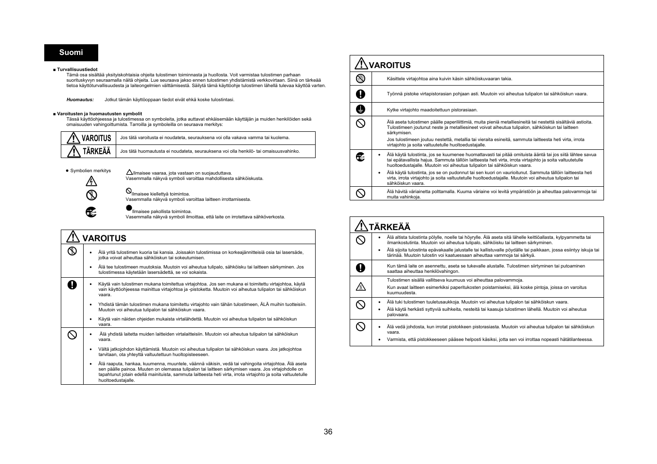 Varoitus, Tärkeää | Konica Minolta bizhub C10X User Manual | Page 35 / 47