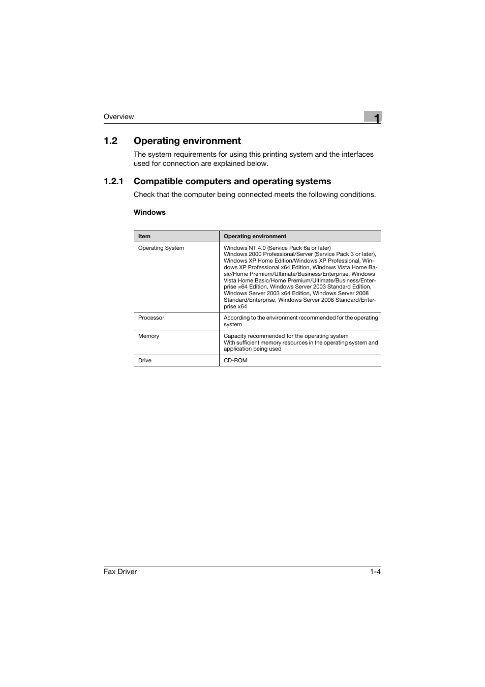 2 operating environment, 1 compatible computers and operating systems, Windows | Operating environment -4 | Konica Minolta bizhub 282 User Manual | Page 18 / 94