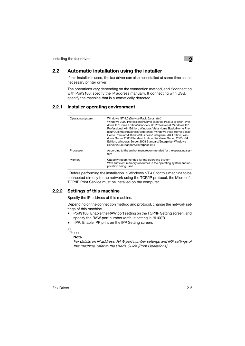2 automatic installation using the installer, 1 installer operating environment, 2 settings of this machine | Automatic installation using the installer -5, Installer operating environment -5, Settings of this machine -5 | Konica Minolta bizhub 282 User Manual | Page 25 / 94
