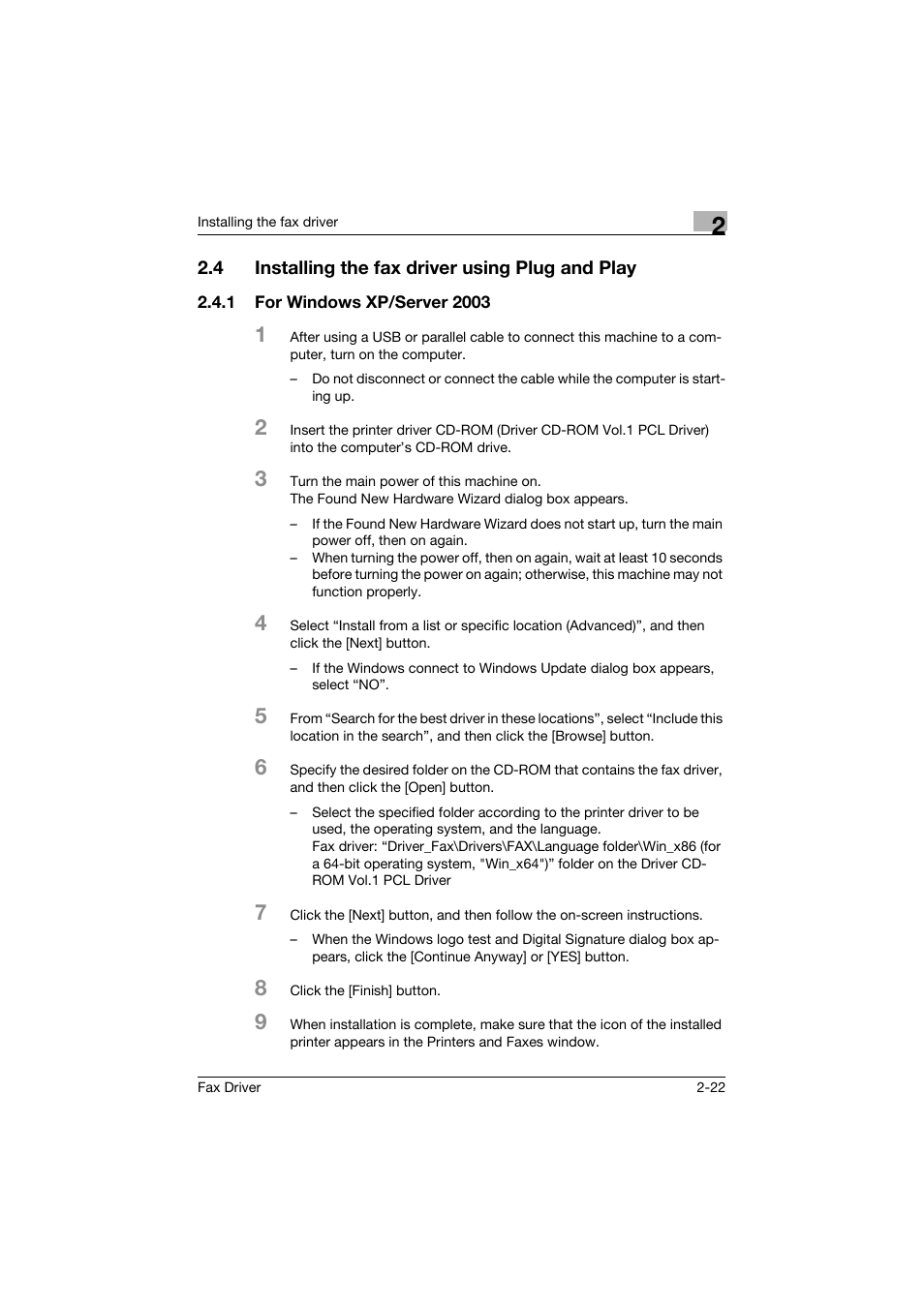 4 installing the fax driver using plug and play, 1 for windows xp/server 2003, Installing the fax driver using plug and play -22 | For windows xp/server 2003 -22 | Konica Minolta bizhub 282 User Manual | Page 42 / 94