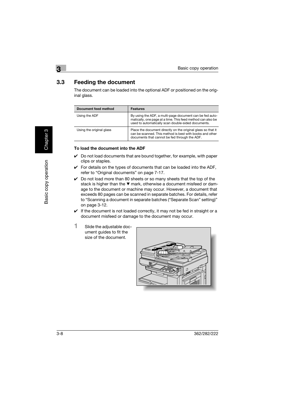 3 feeding the document, To load the document into the adf, Feeding the document -8 | To load the document into the adf -8, Ment, refer to “feeding the doc | Konica Minolta bizhub 282 User Manual | Page 123 / 424