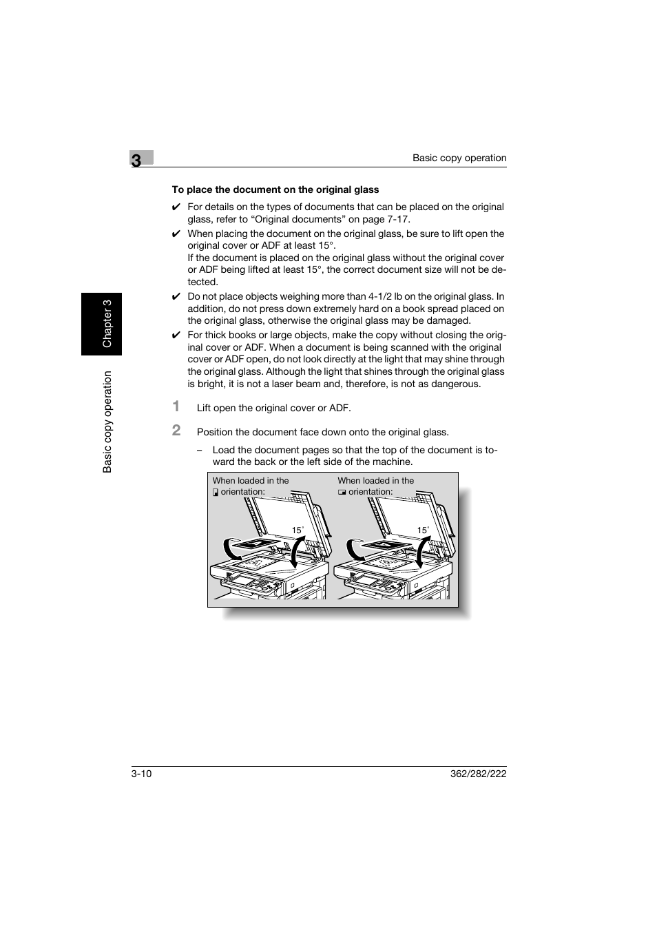 To place the document on the original glass, To place the document on the original glass -10 | Konica Minolta bizhub 282 User Manual | Page 125 / 424