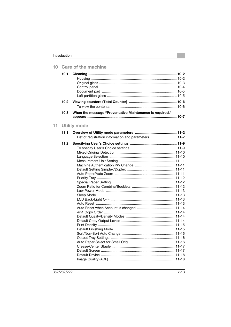 10 care of the machine, 11 utility mode | Konica Minolta bizhub 282 User Manual | Page 14 / 424