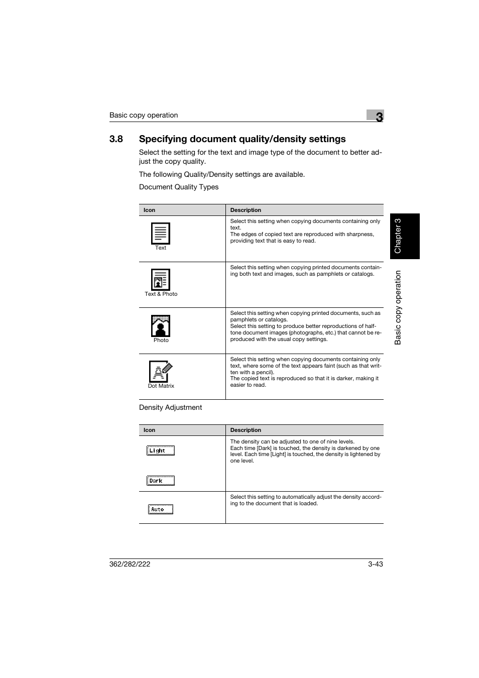 8 specifying document quality/density settings, Specifying document quality/density settings -43 | Konica Minolta bizhub 282 User Manual | Page 158 / 424
