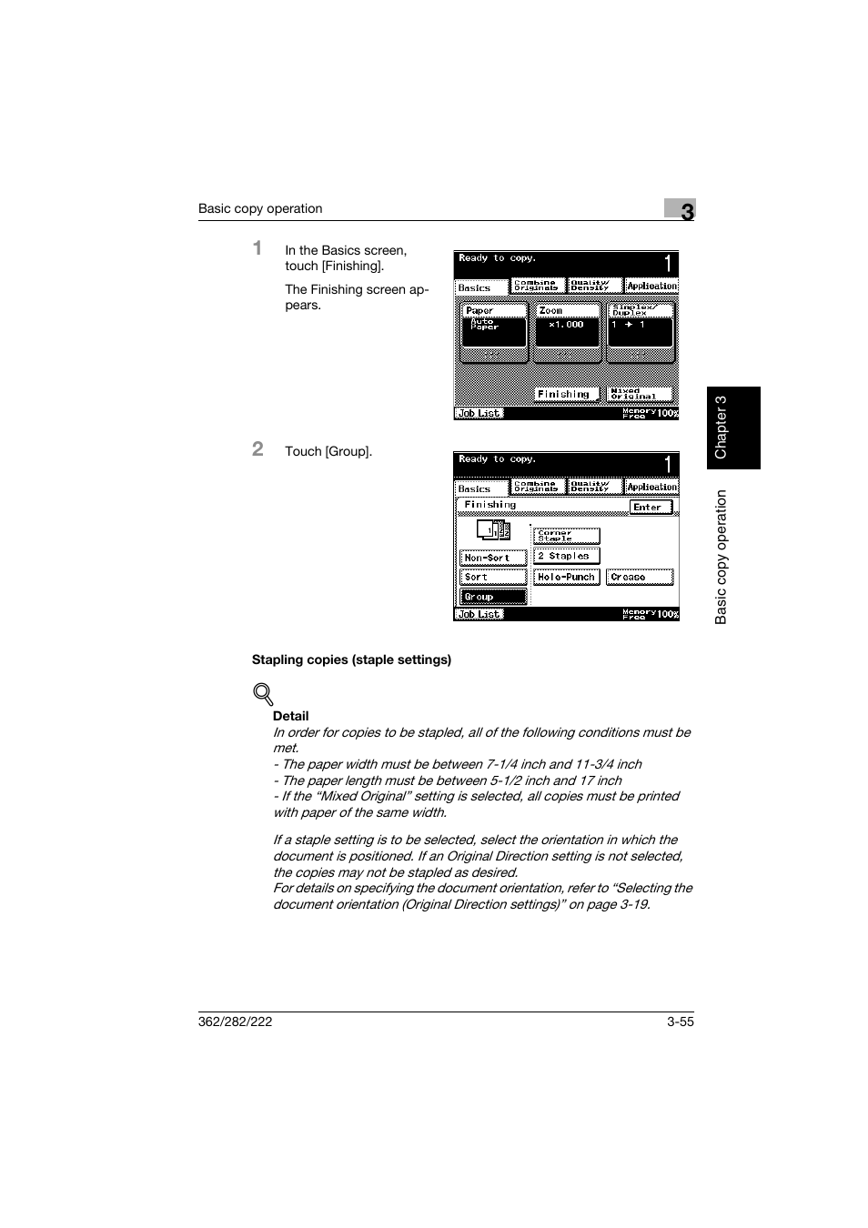 Stapling copies (staple settings), Stapling copies (staple settings) -55 | Konica Minolta bizhub 282 User Manual | Page 170 / 424
