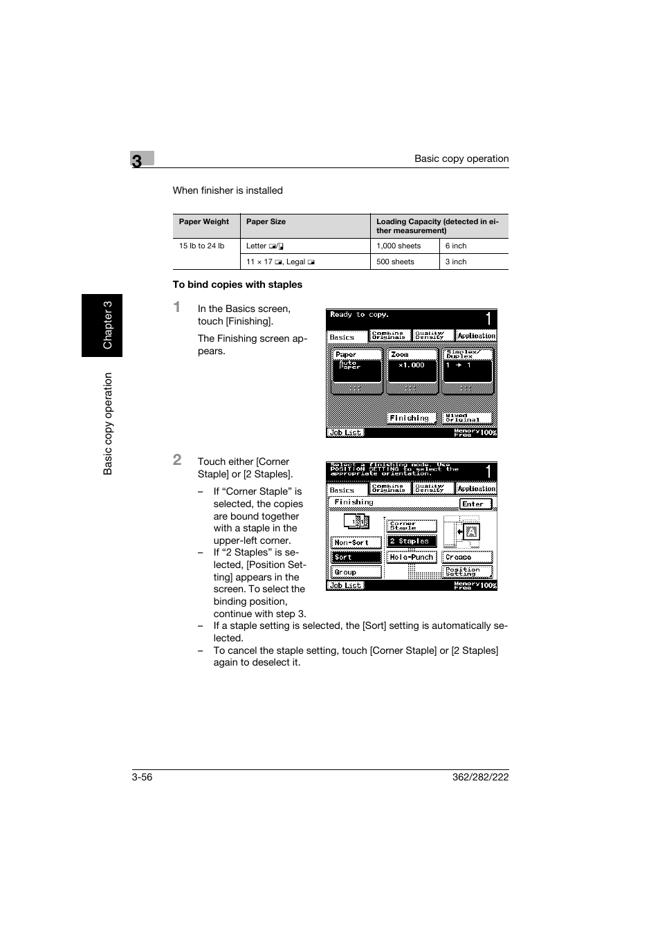 To bind copies with staples, To bind copies with staples -56 | Konica Minolta bizhub 282 User Manual | Page 171 / 424