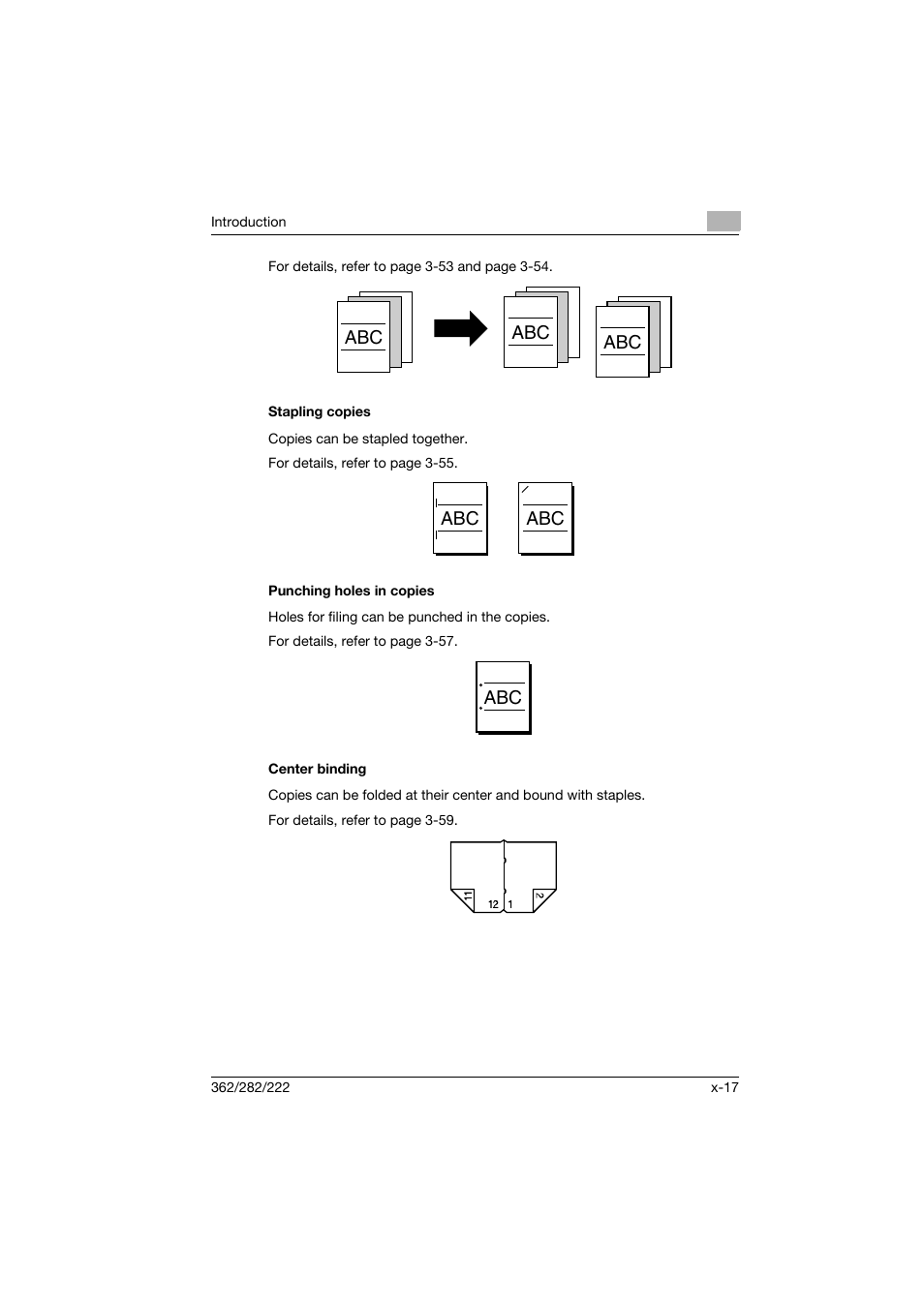 Stapling copies, Punching holes in copies, Center binding | Konica Minolta bizhub 282 User Manual | Page 18 / 424