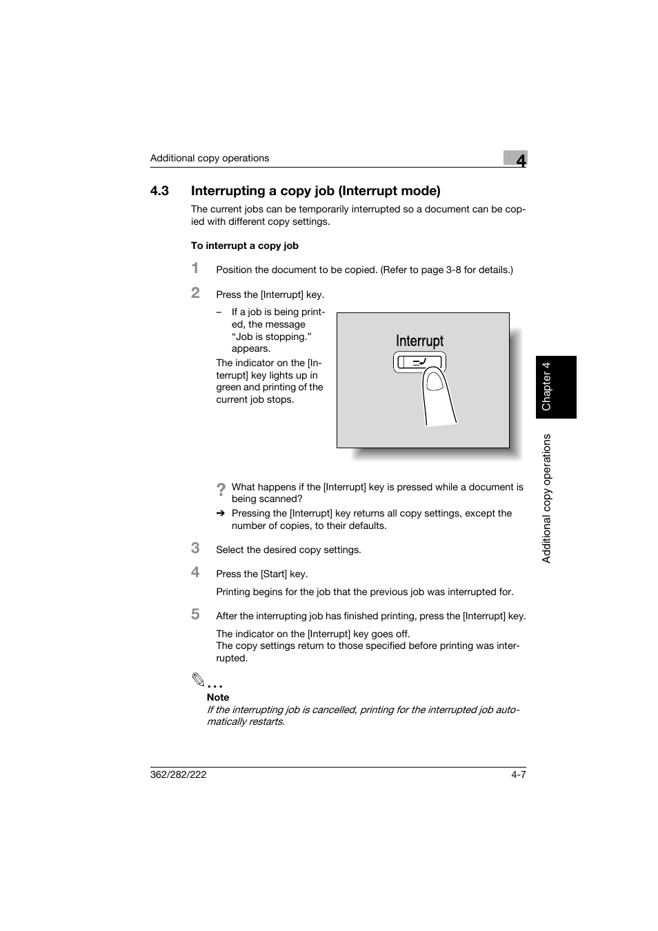 3 interrupting a copy job (interrupt mode), To interrupt a copy job, Interrupting a copy job (interrupt mode) -7 | To interrupt a copy job -7, Interrupt | Konica Minolta bizhub 282 User Manual | Page 186 / 424