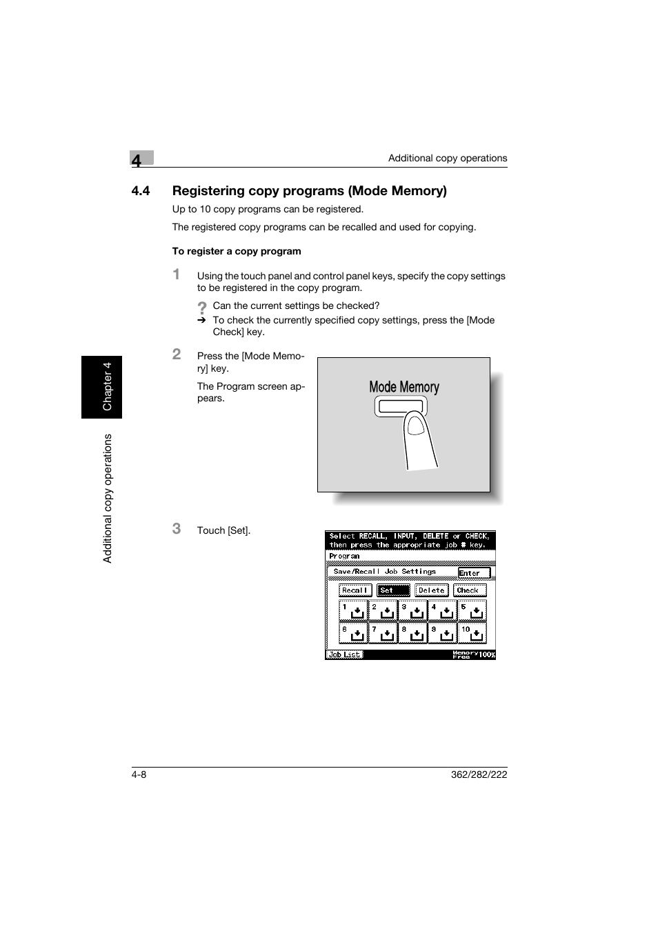 4 registering copy programs (mode memory), To register a copy program, Registering copy programs (mode memory) -8 | To register a copy program -8 | Konica Minolta bizhub 282 User Manual | Page 187 / 424