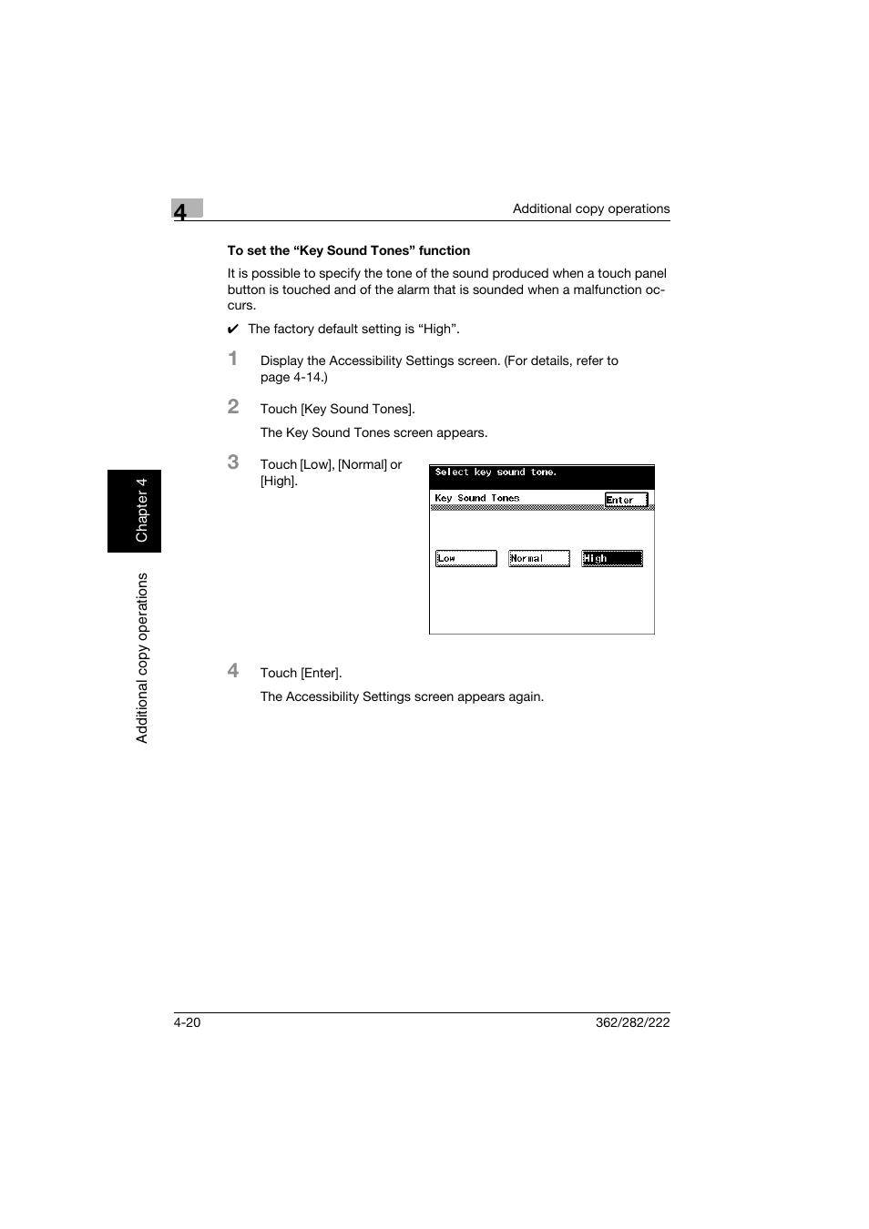 To set the “key sound tones” function, To set the “key sound tones” function -20 | Konica Minolta bizhub 282 User Manual | Page 199 / 424
