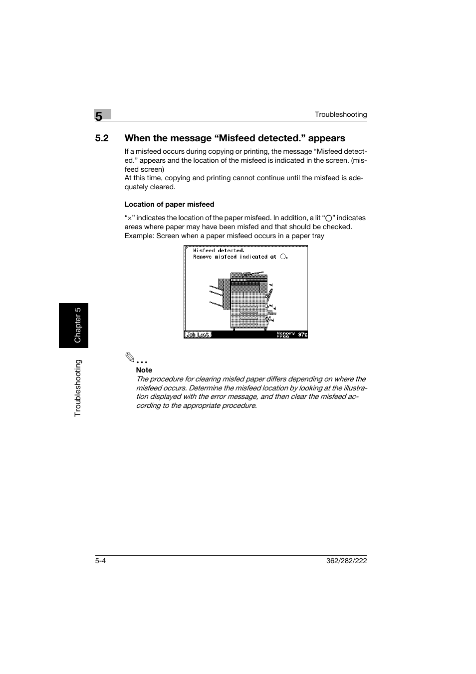 2 when the message “misfeed detected.” appears, Location of paper misfeed, When the message “misfeed detected.” appears -4 | Location of paper misfeed -4 | Konica Minolta bizhub 282 User Manual | Page 209 / 424