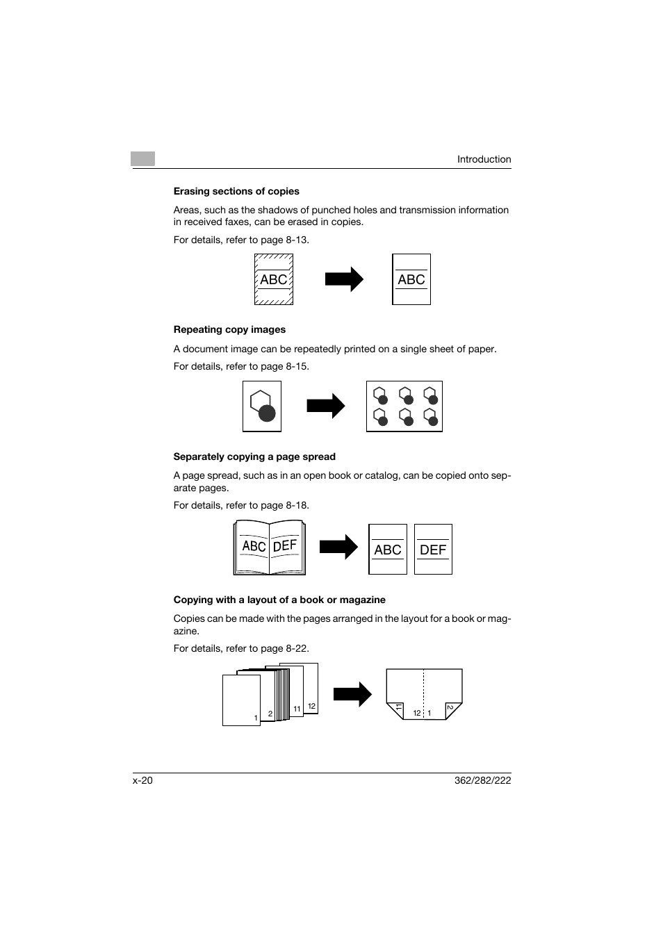 Erasing sections of copies, Repeating copy images, Copying with a layout of a book or magazine | Abc def | Konica Minolta bizhub 282 User Manual | Page 21 / 424