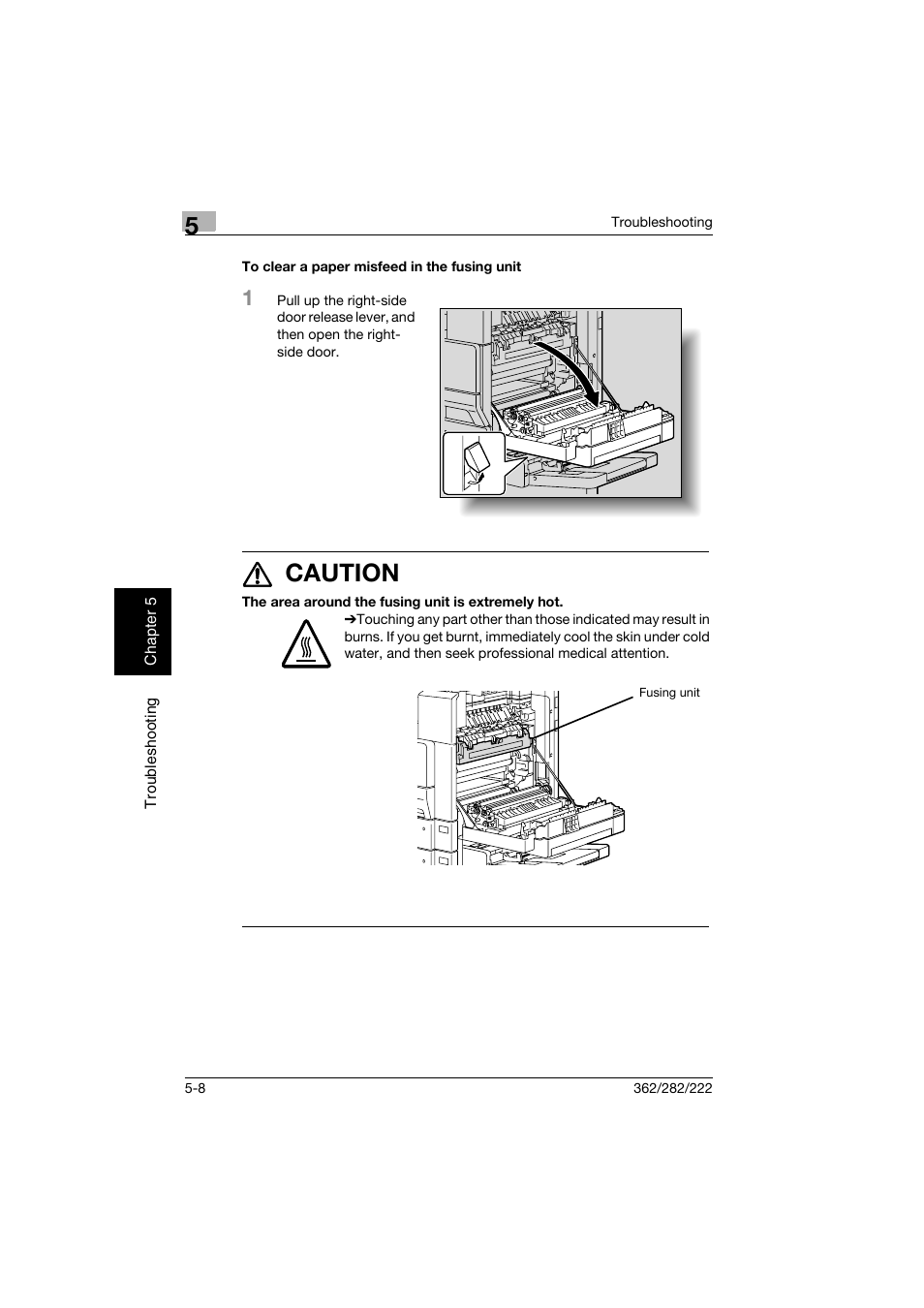 To clear a paper misfeed in the fusing unit, To clear a paper misfeed in the fusing unit -8, 7 caution | Konica Minolta bizhub 282 User Manual | Page 213 / 424