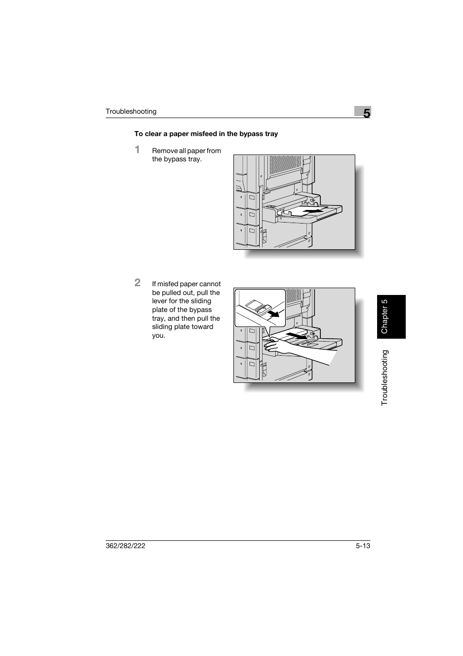 To clear a paper misfeed in the bypass tray, To clear a paper misfeed in the bypass tray -13 | Konica Minolta bizhub 282 User Manual | Page 218 / 424