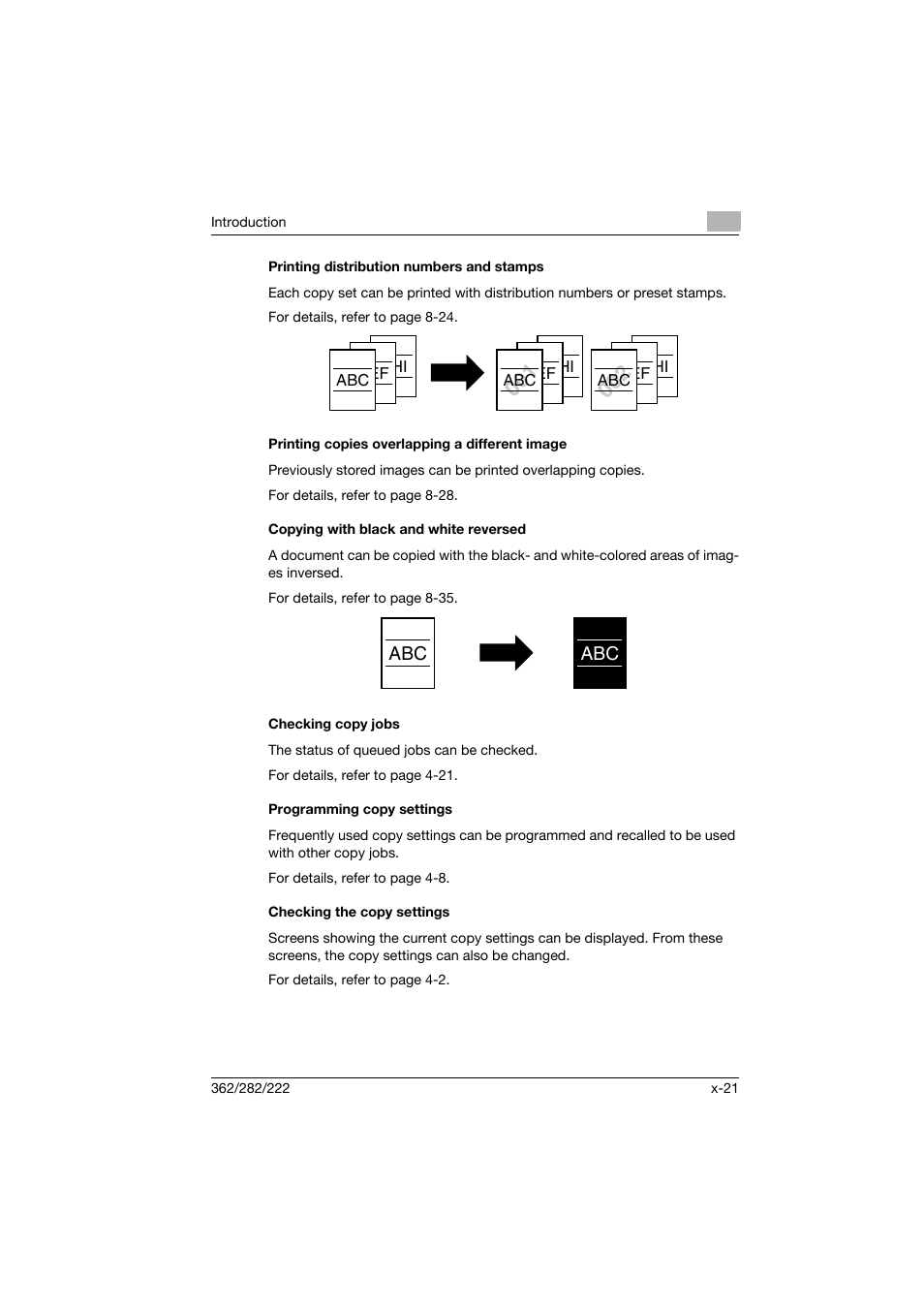 Printing distribution numbers and stamps, Printing copies overlapping a different image, Copying with black and white reversed | Checking copy jobs, Programming copy settings, Checking the copy settings | Konica Minolta bizhub 282 User Manual | Page 22 / 424