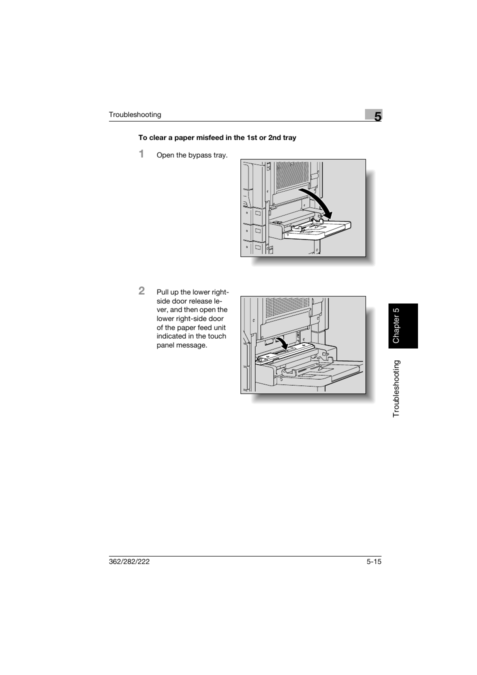To clear a paper misfeed in the 1st or 2nd tray | Konica Minolta bizhub 282 User Manual | Page 220 / 424