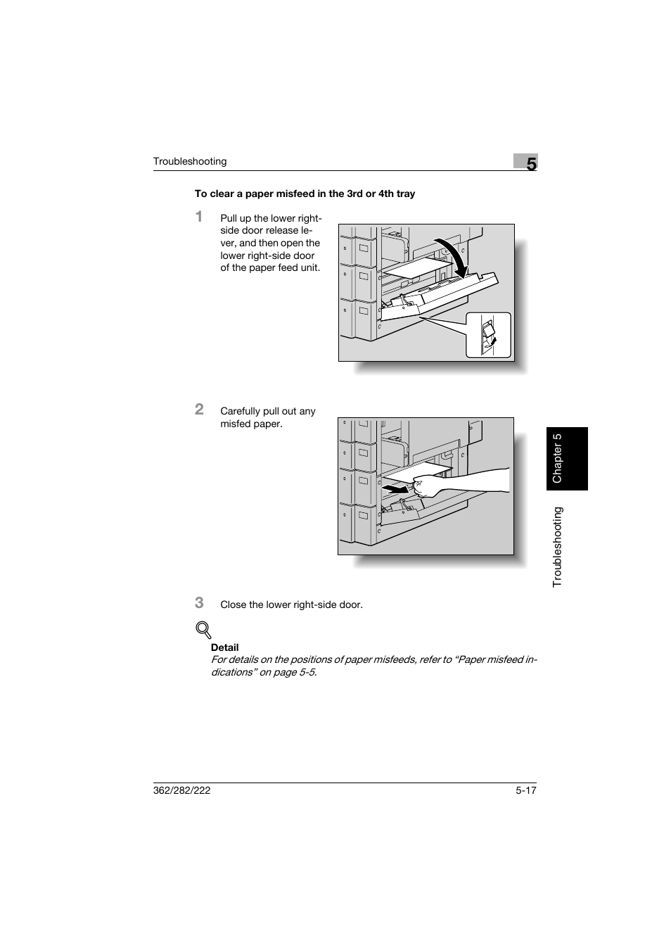 To clear a paper misfeed in the 3rd or 4th tray | Konica Minolta bizhub 282 User Manual | Page 222 / 424