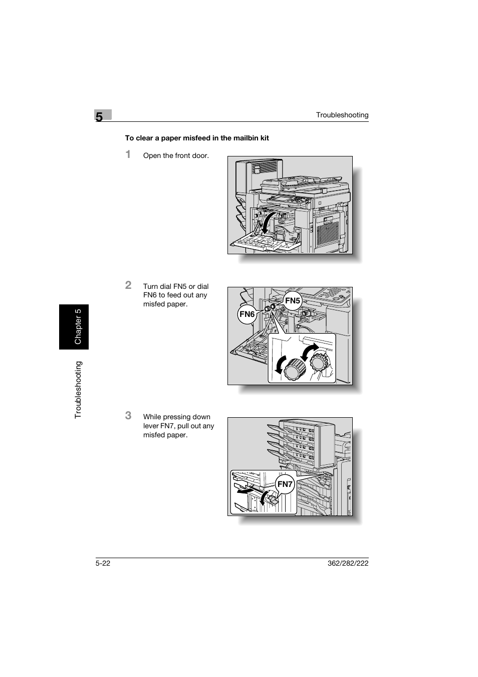 To clear a paper misfeed in the mailbin kit, To clear a paper misfeed in the mailbin kit -22 | Konica Minolta bizhub 282 User Manual | Page 227 / 424
