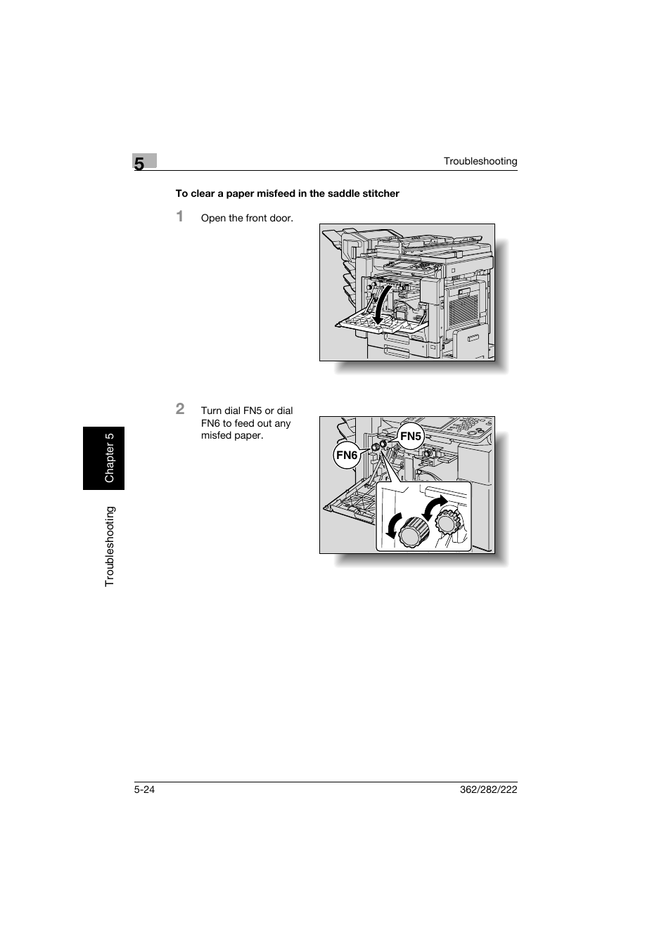 To clear a paper misfeed in the saddle stitcher | Konica Minolta bizhub 282 User Manual | Page 229 / 424