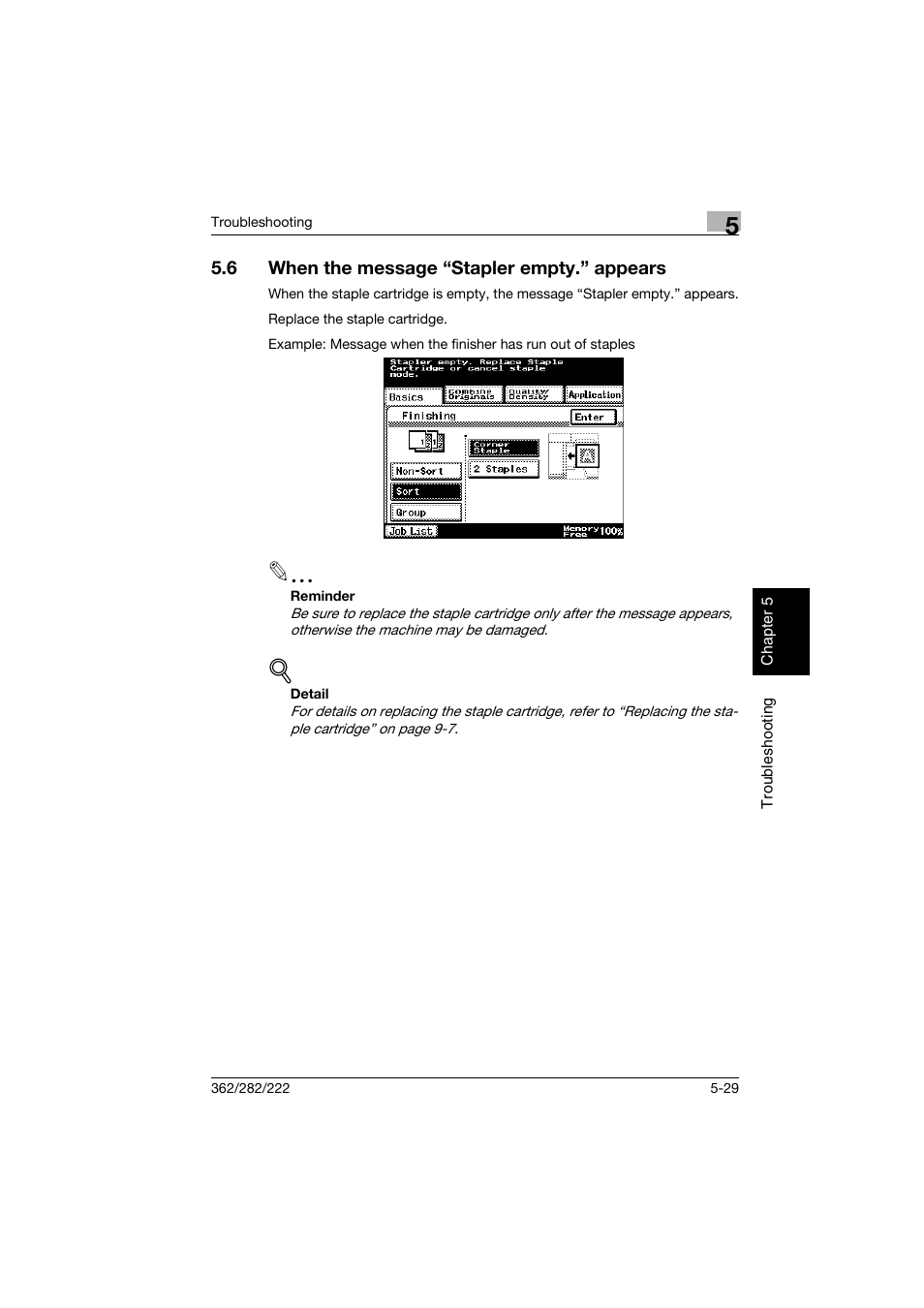 6 when the message “stapler empty.” appears, When the message “stapler empty.” appears -29 | Konica Minolta bizhub 282 User Manual | Page 234 / 424