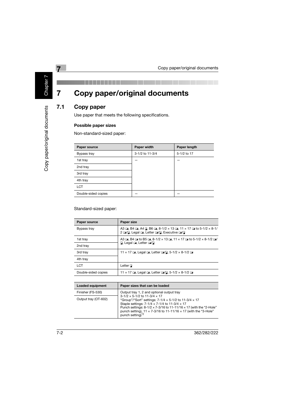 7 copy paper/original documents, 1 copy paper, Possible paper sizes | Copy paper/original documents, Copy paper -2, Possible paper sizes -2, 7copy paper/original documents | Konica Minolta bizhub 282 User Manual | Page 253 / 424