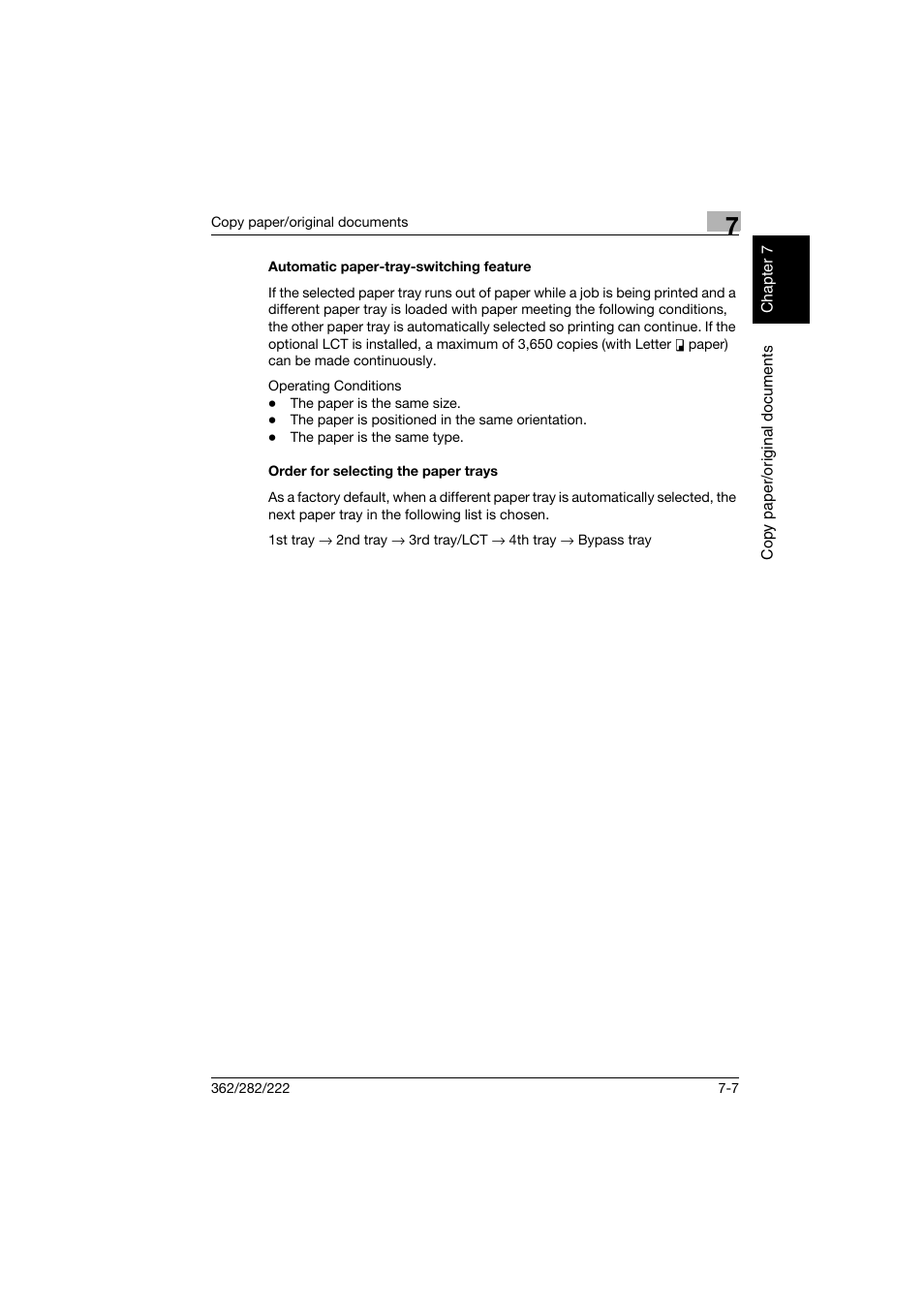 Automatic paper-tray-switching feature, Order for selecting the paper trays | Konica Minolta bizhub 282 User Manual | Page 258 / 424