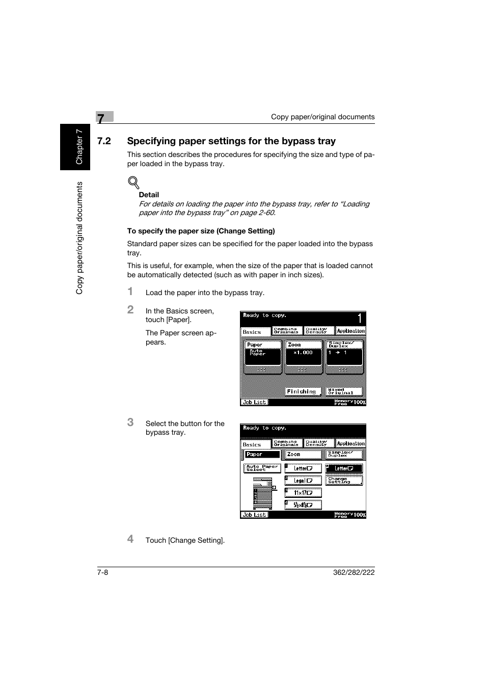 2 specifying paper settings for the bypass tray, To specify the paper size (change setting), Specifying paper settings for the bypass tray -8 | To specify the paper size (change setting) -8 | Konica Minolta bizhub 282 User Manual | Page 259 / 424