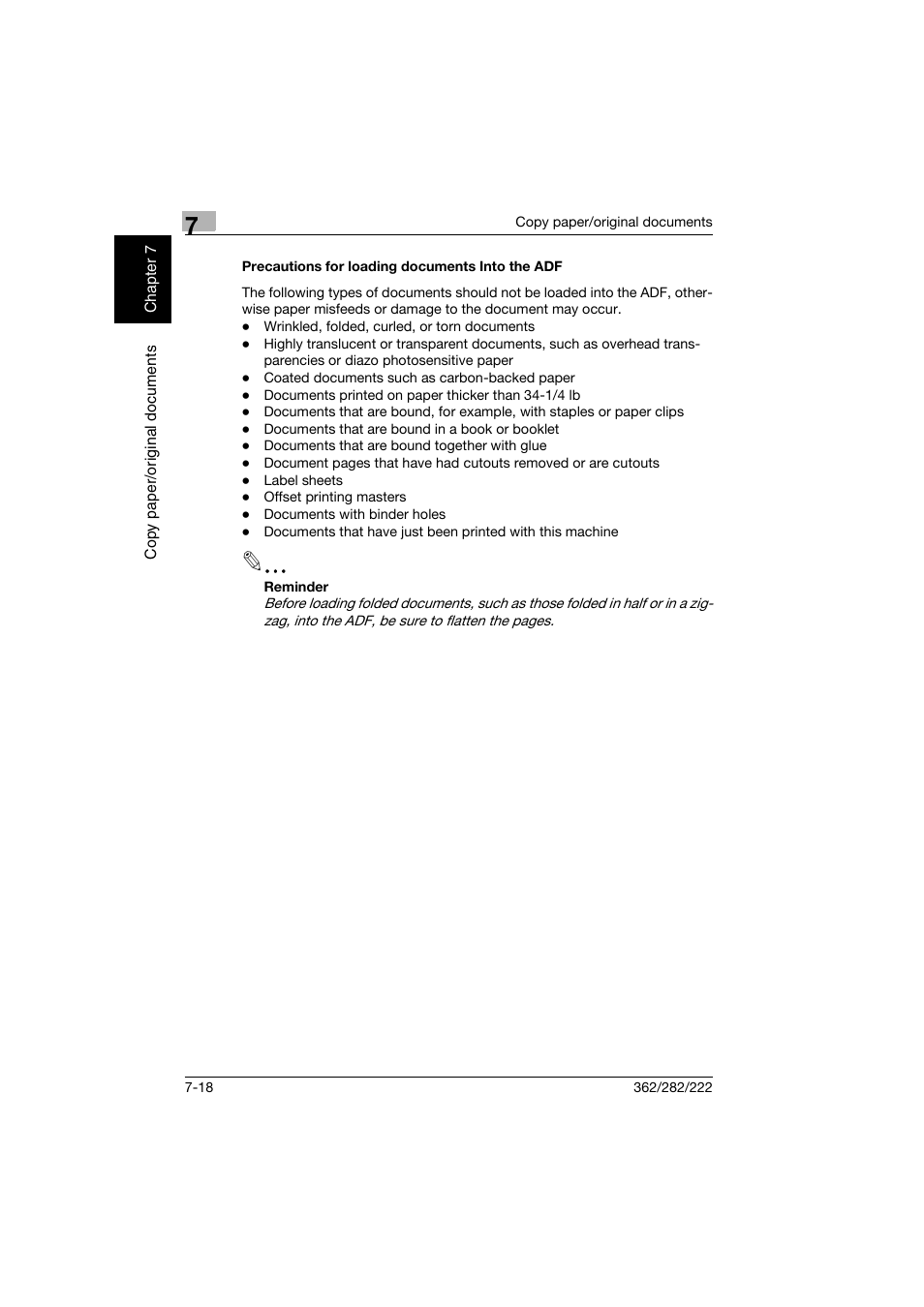 Precautions for loading documents into the adf, Precautions for loading documents into the adf -18 | Konica Minolta bizhub 282 User Manual | Page 269 / 424