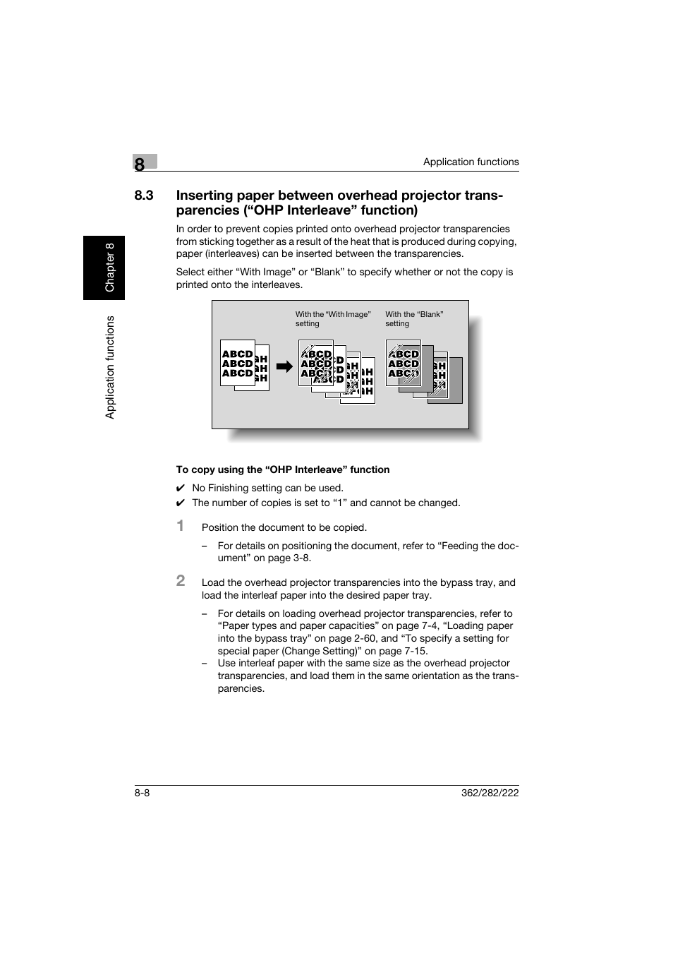 To copy using the “ohp interleave” function, To copy using the “ohp interleave” function -8 | Konica Minolta bizhub 282 User Manual | Page 279 / 424