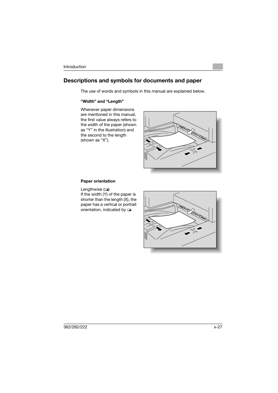 Descriptions and symbols for documents and paper, Width” and “length, Paper orientation | Konica Minolta bizhub 282 User Manual | Page 28 / 424