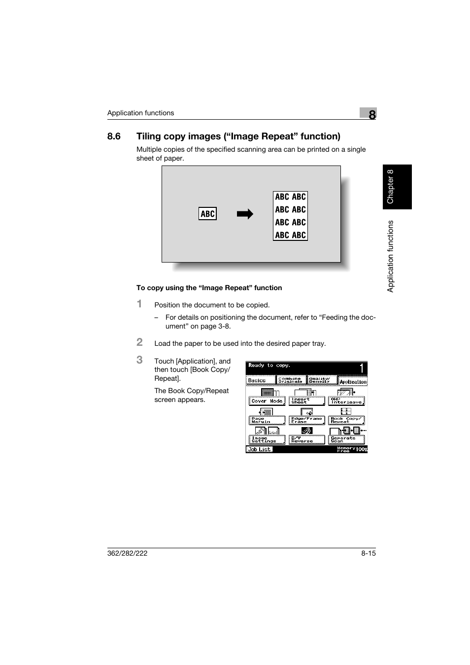 6 tiling copy images (“image repeat” function), To copy using the “image repeat” function, Tiling copy images (“image repeat” function) -15 | To copy using the “image repeat” function -15 | Konica Minolta bizhub 282 User Manual | Page 286 / 424