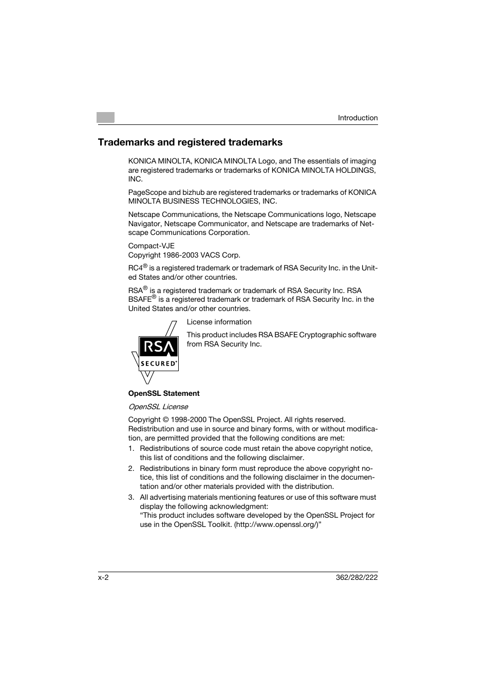 Trademarks and registered trademarks | Konica Minolta bizhub 282 User Manual | Page 3 / 424