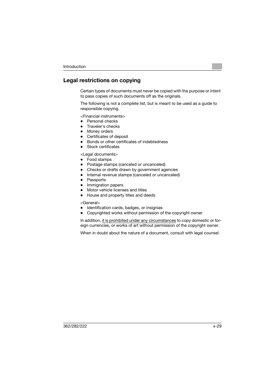Legal restrictions on copying | Konica Minolta bizhub 282 User Manual | Page 30 / 424