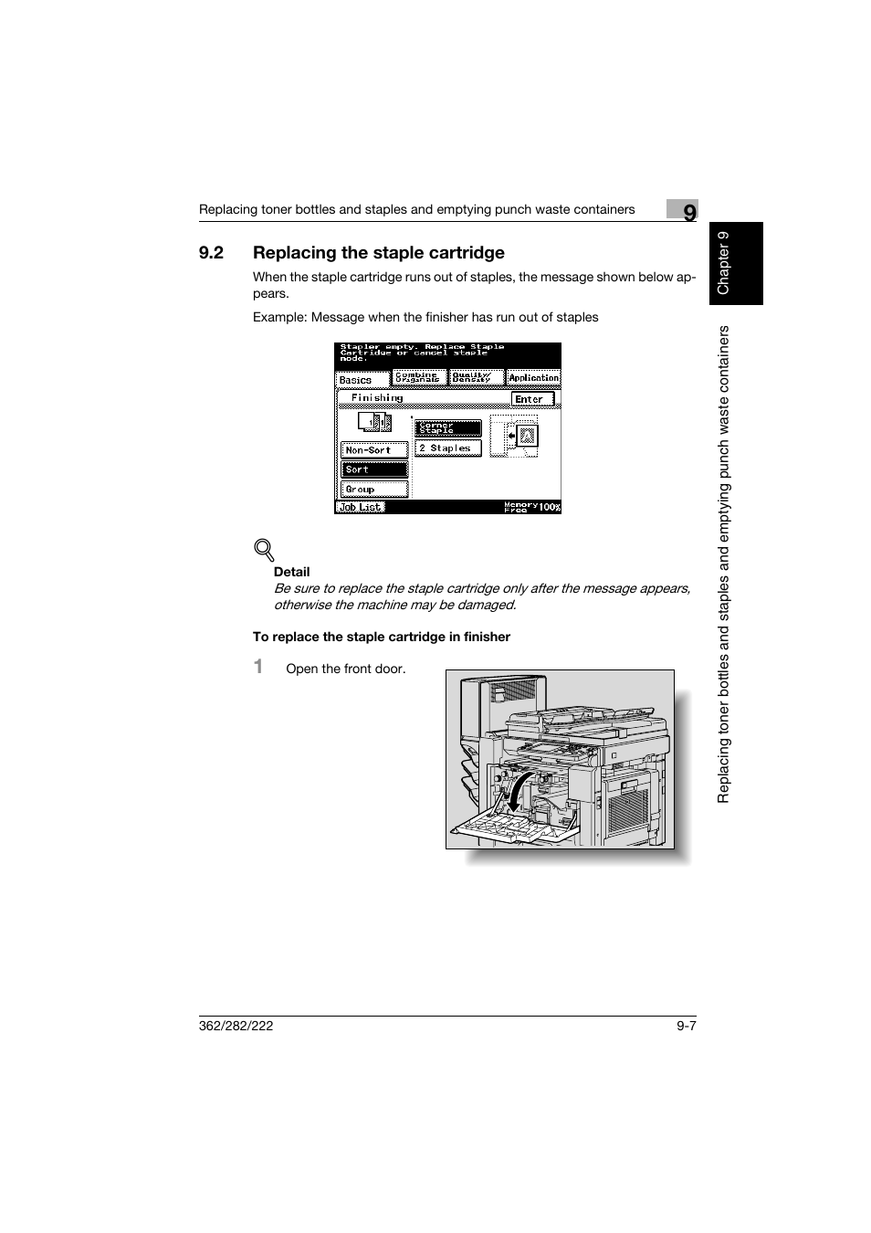 2 replacing the staple cartridge, To replace the staple cartridge in finisher, Replacing the staple cartridge -7 | To replace the staple cartridge in finisher -7 | Konica Minolta bizhub 282 User Manual | Page 314 / 424