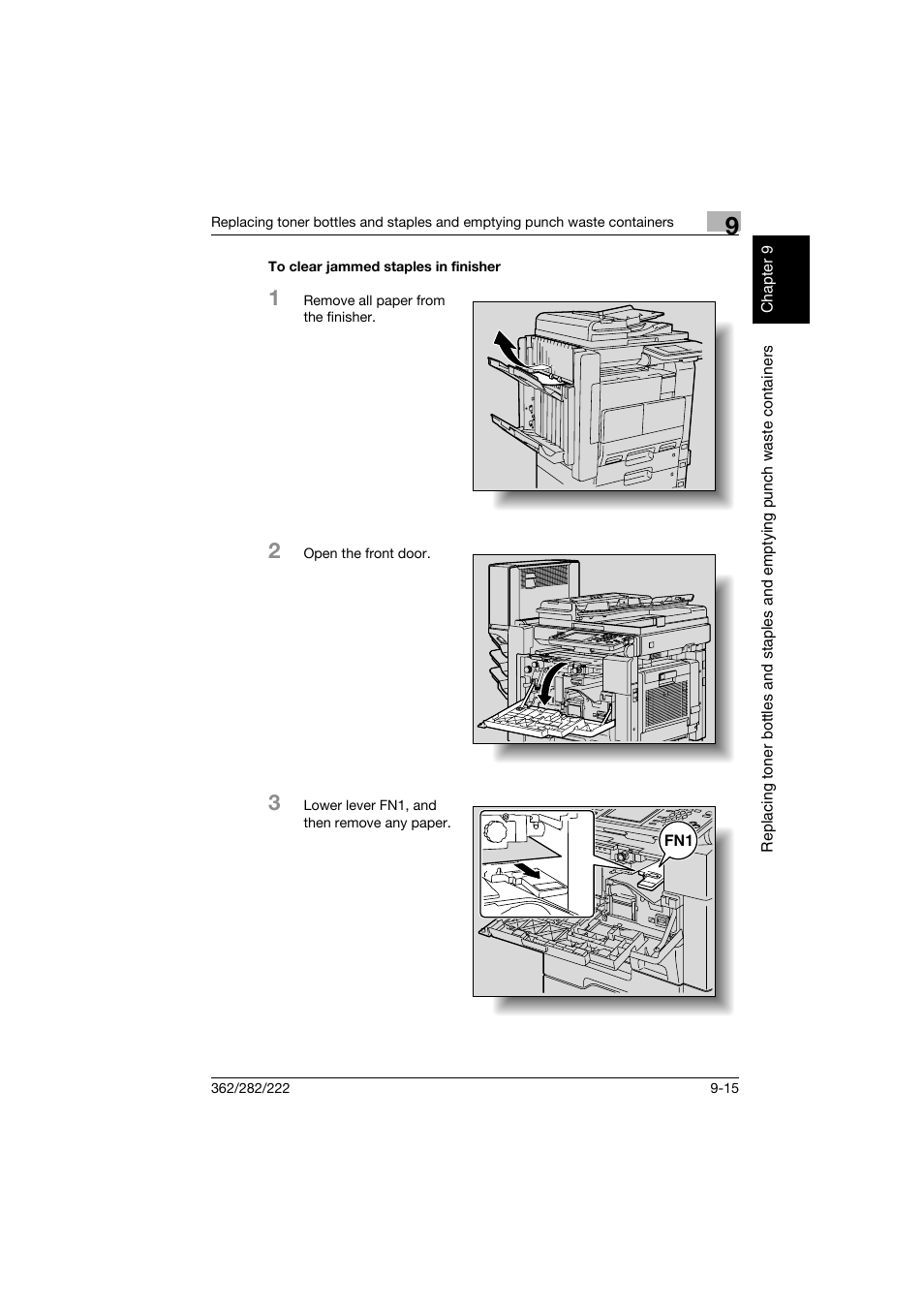 To clear jammed staples in finisher, To clear jammed staples in finisher -15 | Konica Minolta bizhub 282 User Manual | Page 322 / 424