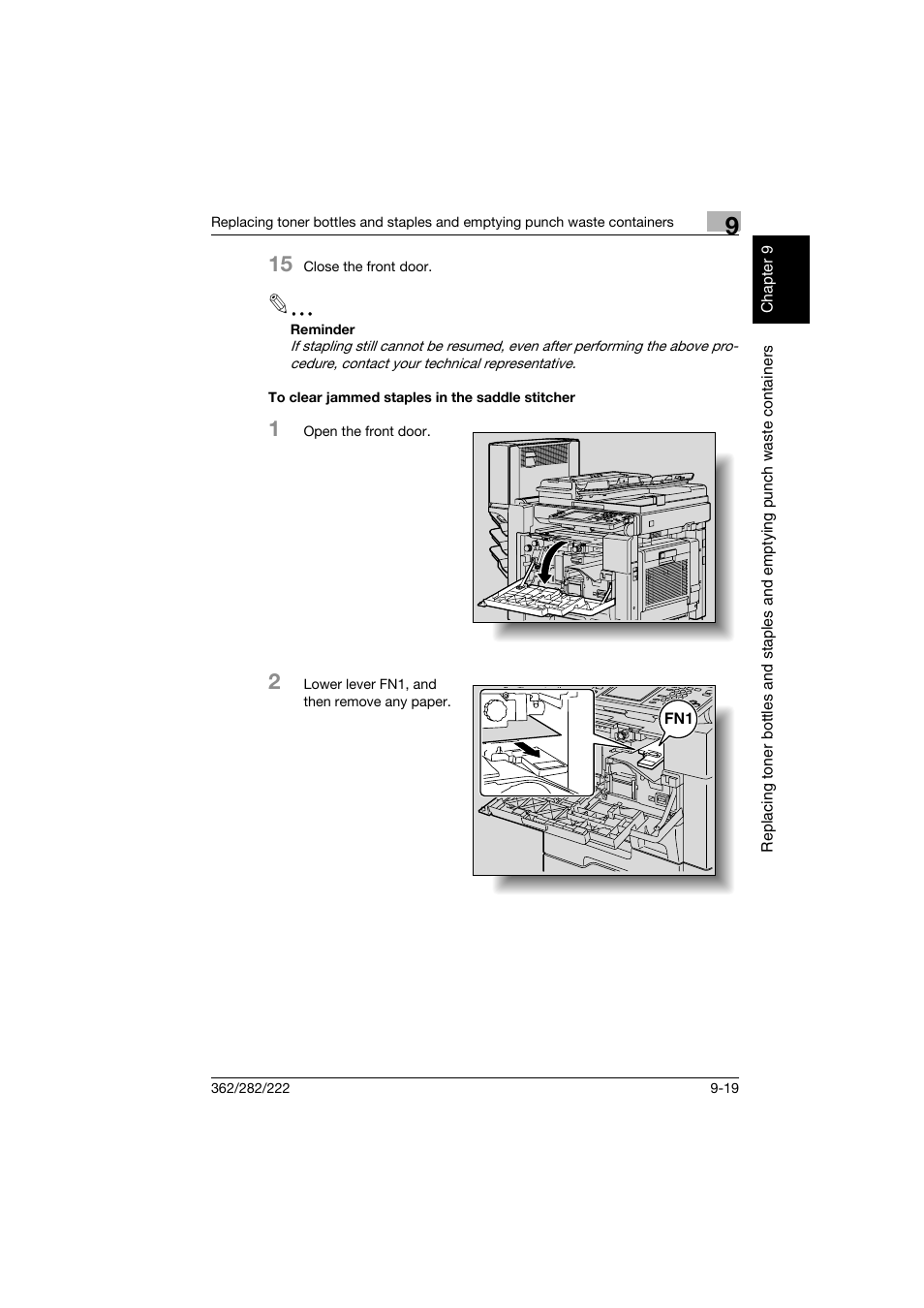 To clear jammed staples in the saddle stitcher, To clear jammed staples in the saddle stitcher -19 | Konica Minolta bizhub 282 User Manual | Page 326 / 424