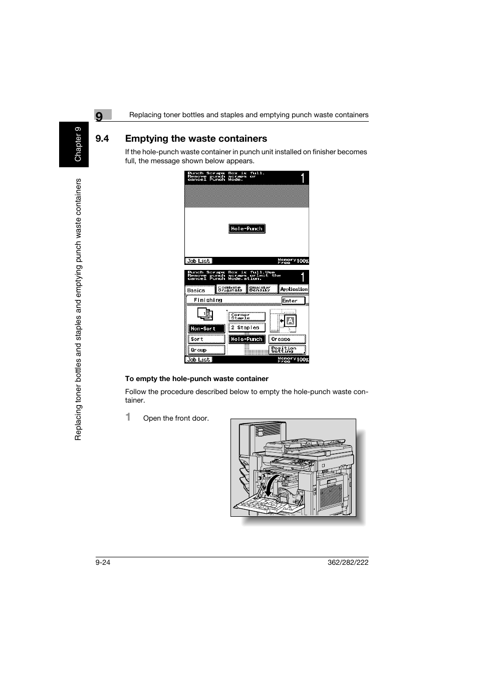 4 emptying the waste containers, To empty the hole-punch waste container, Emptying the waste containers -24 | To empty the hole-punch waste container -24 | Konica Minolta bizhub 282 User Manual | Page 331 / 424