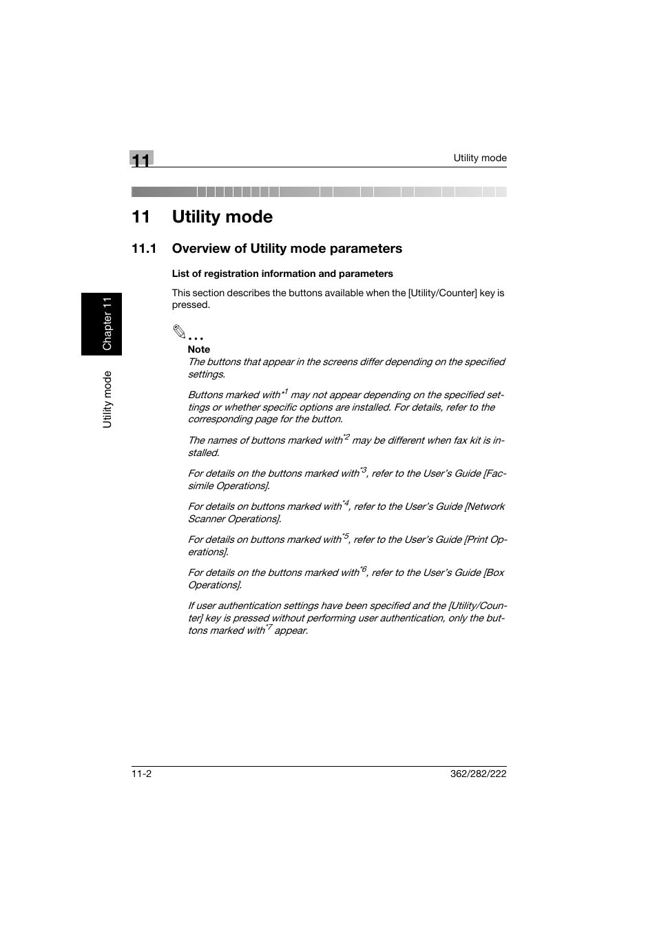 11 utility mode, 1 overview of utility mode parameters, List of registration information and parameters | Overview of utility mode parameters -2, List of registration information and parameters -2 | Konica Minolta bizhub 282 User Manual | Page 343 / 424
