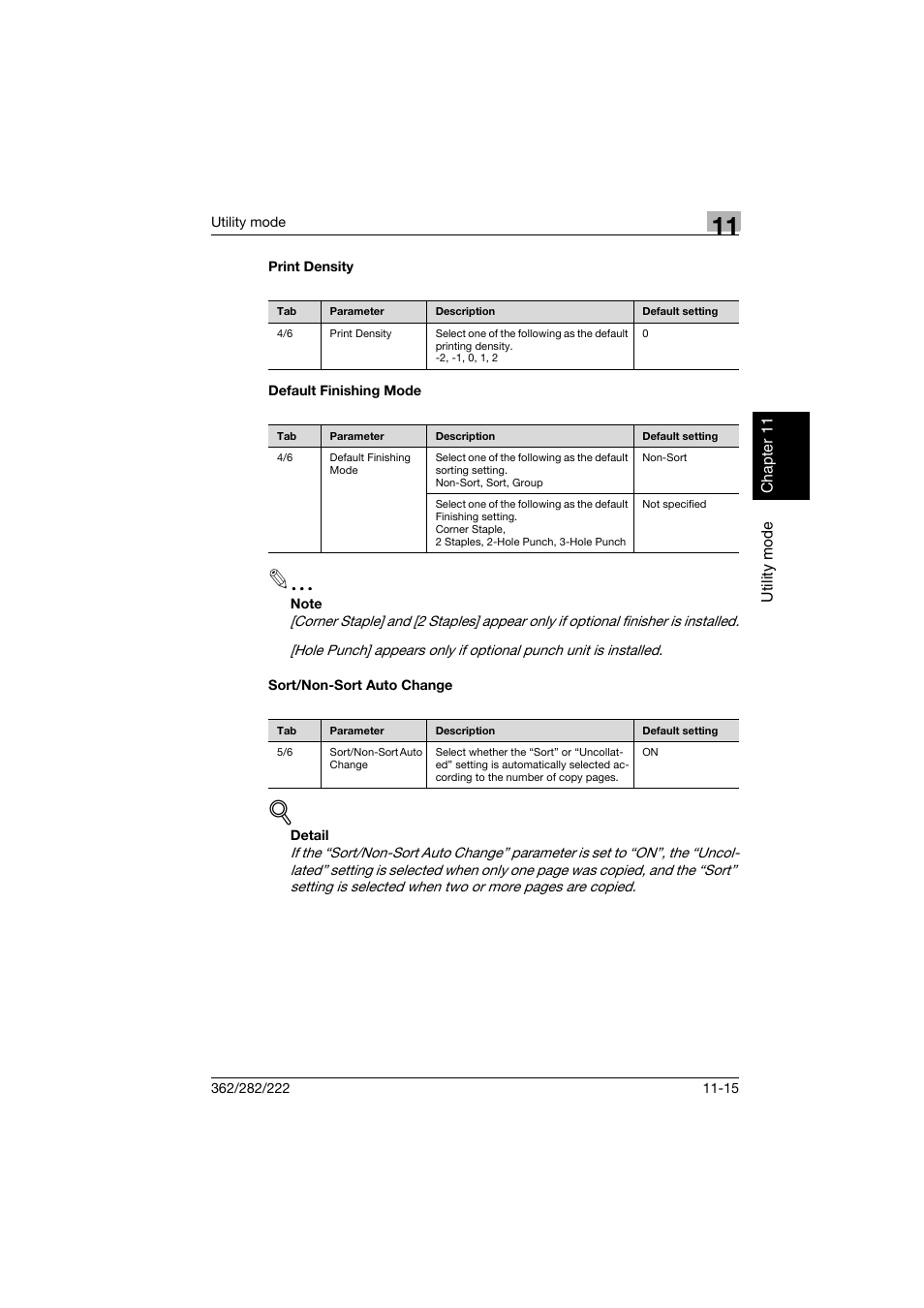 Print density, Default finishing mode, Sort/non-sort auto change | Konica Minolta bizhub 282 User Manual | Page 356 / 424