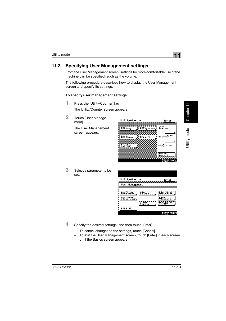 3 specifying user management settings, To specify user management settings, Specifying user management settings -19 | To specify user management settings -19, P. 11-19 | Konica Minolta bizhub 282 User Manual | Page 360 / 424