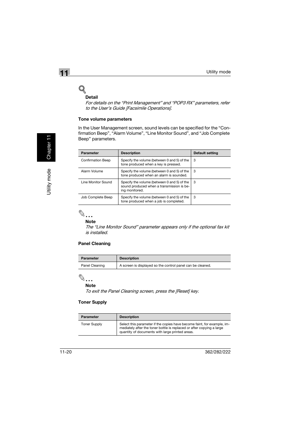 Tone volume parameters, Panel cleaning, Toner supply | Konica Minolta bizhub 282 User Manual | Page 361 / 424