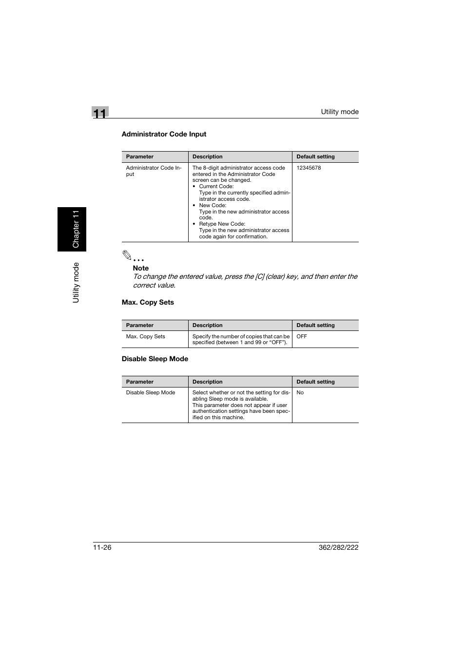 Administrator code input, Max. copy sets, Disable sleep mode | Konica Minolta bizhub 282 User Manual | Page 367 / 424