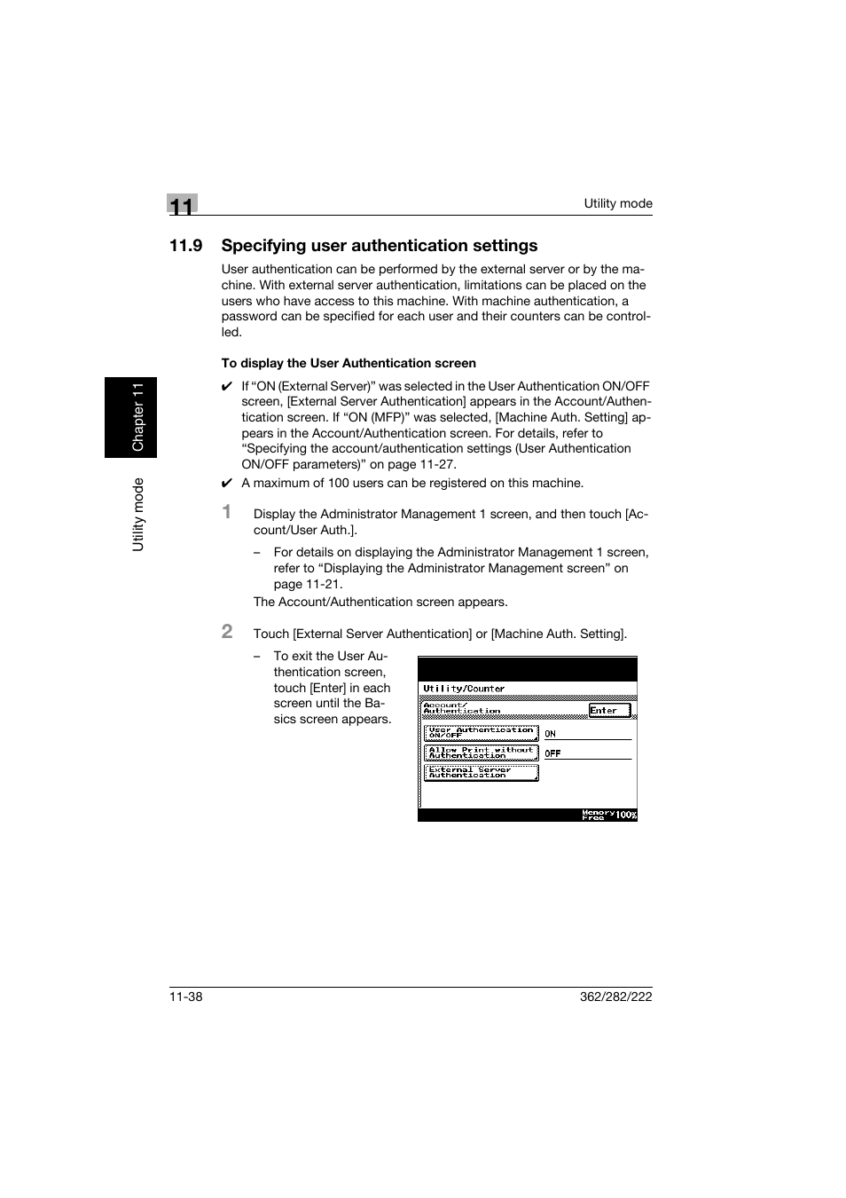 9 specifying user authentication settings, To display the user authentication screen, Specifying user authentication settings -38 | To display the user authentication screen -38 | Konica Minolta bizhub 282 User Manual | Page 379 / 424