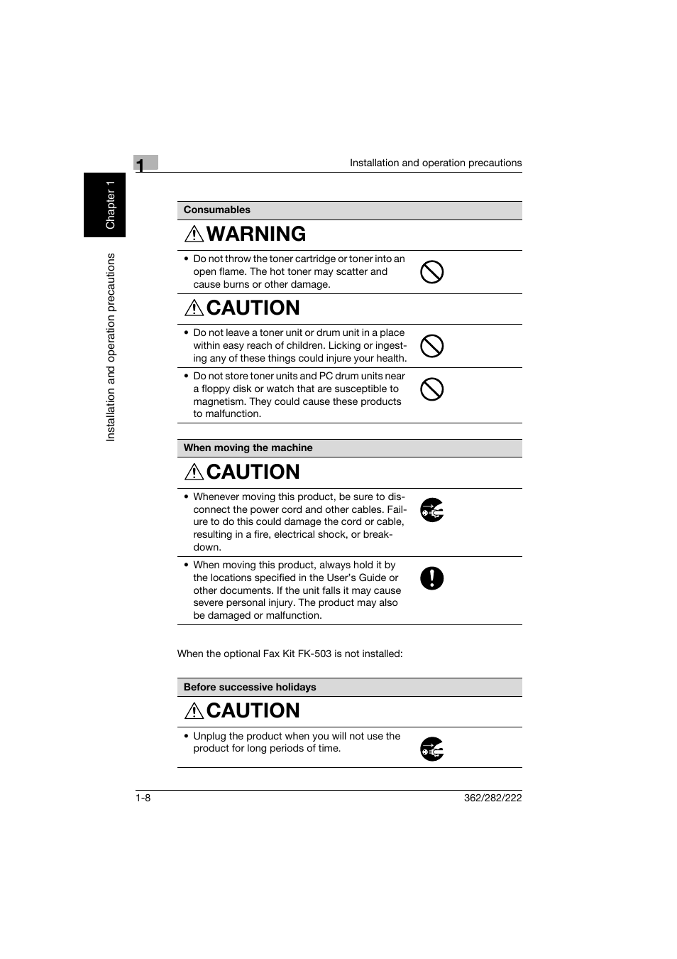 Warning, Caution | Konica Minolta bizhub 282 User Manual | Page 39 / 424