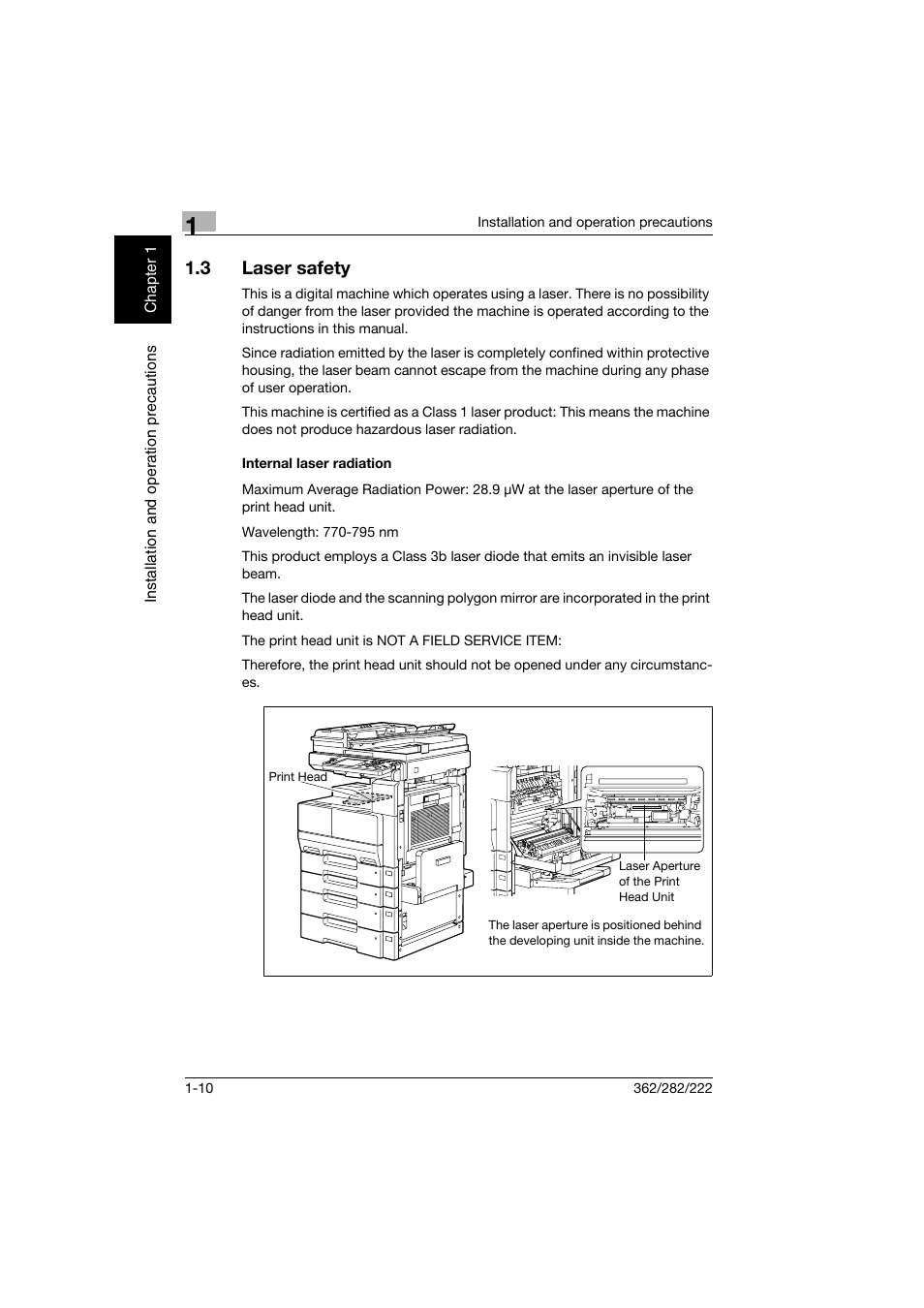 3 laser safety, Internal laser radiation, Laser safety -10 | Internal laser radiation -10 | Konica Minolta bizhub 282 User Manual | Page 41 / 424